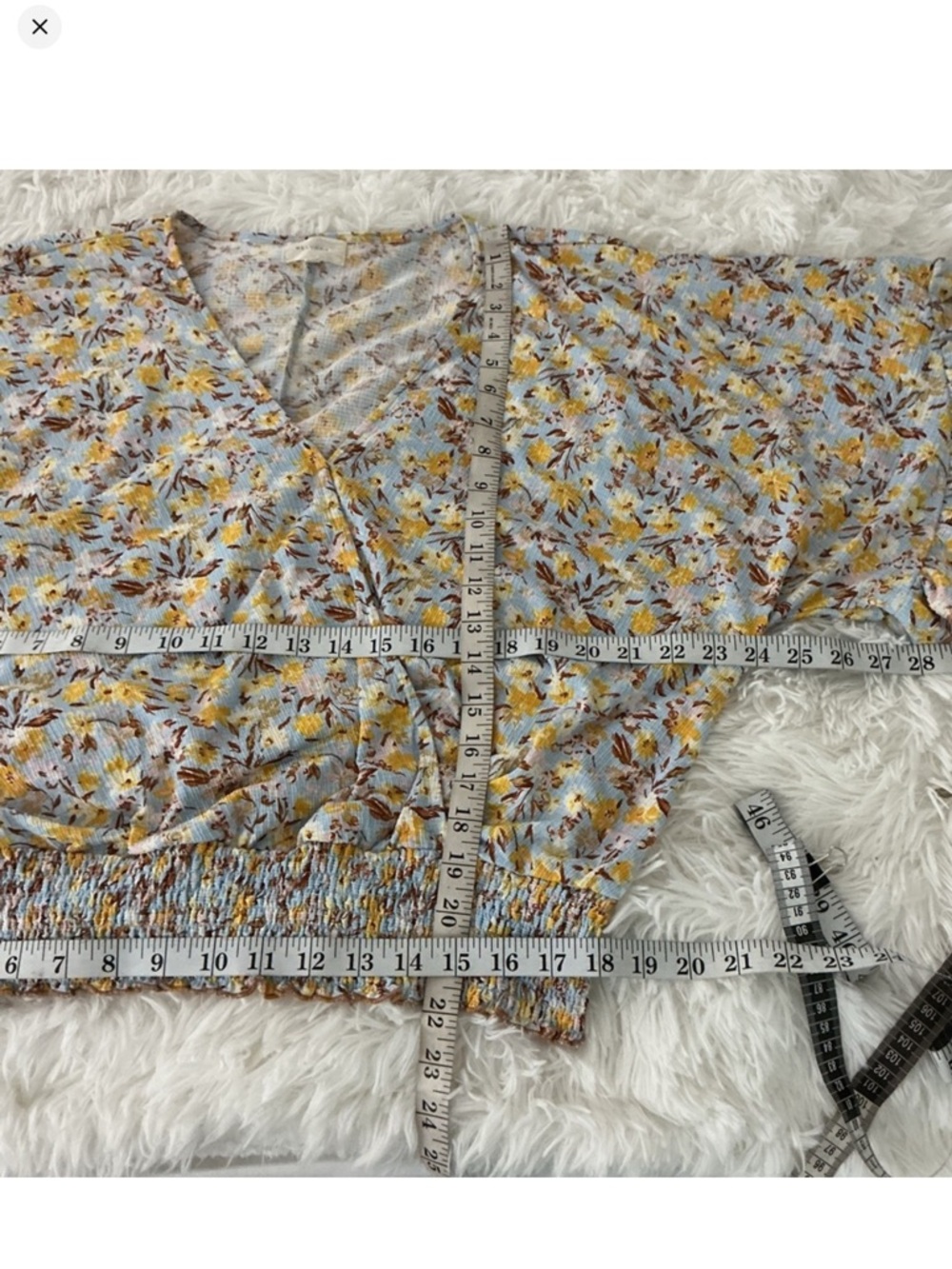 Melloday Floral Wrap Blouse 1X Blue Yellow Smocked Waist Flutter Sleeve - Picture 9 of 13